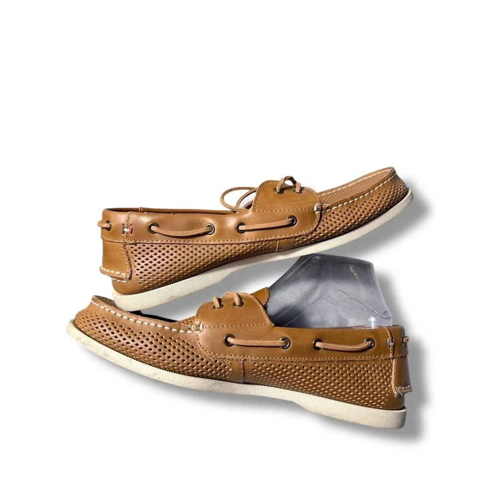 Tommy Hilfiger Mens Leather Perforated Boat Shoes Tan Size 13 BOWMAN